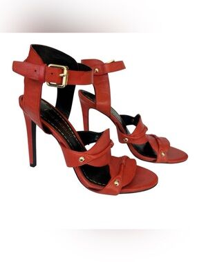 Enzo Angiolini Red Leather Strappy Stiletto Sandals, Size 7